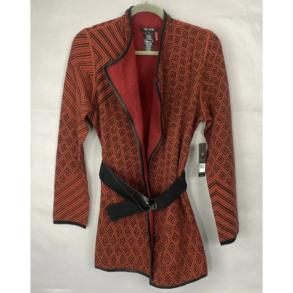 NWT NIC & ZOE Sweater M Cardigan Belted Long Geometric Faux Leather Asymmetric - Picture 1 of 14